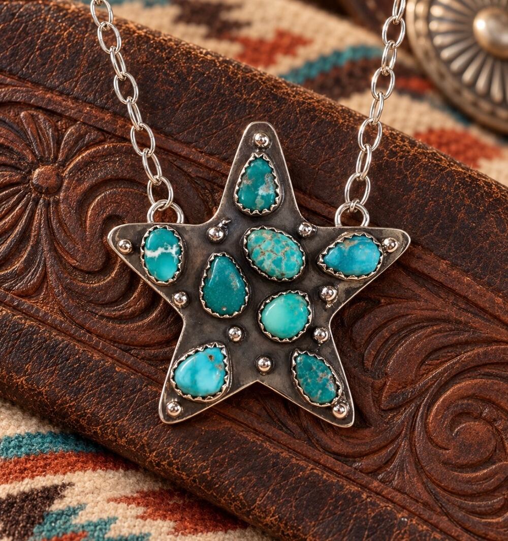 White Water Turquoise Sterling Silver Star Necklace – 20" Southwestern